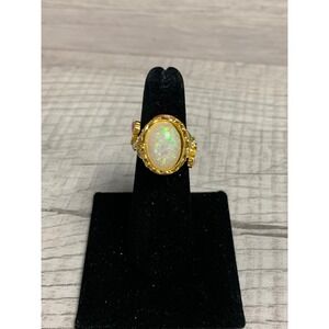 Gold Tone Faux Opal Floral Enamel Rhinestone Statement Ring Size 6.5